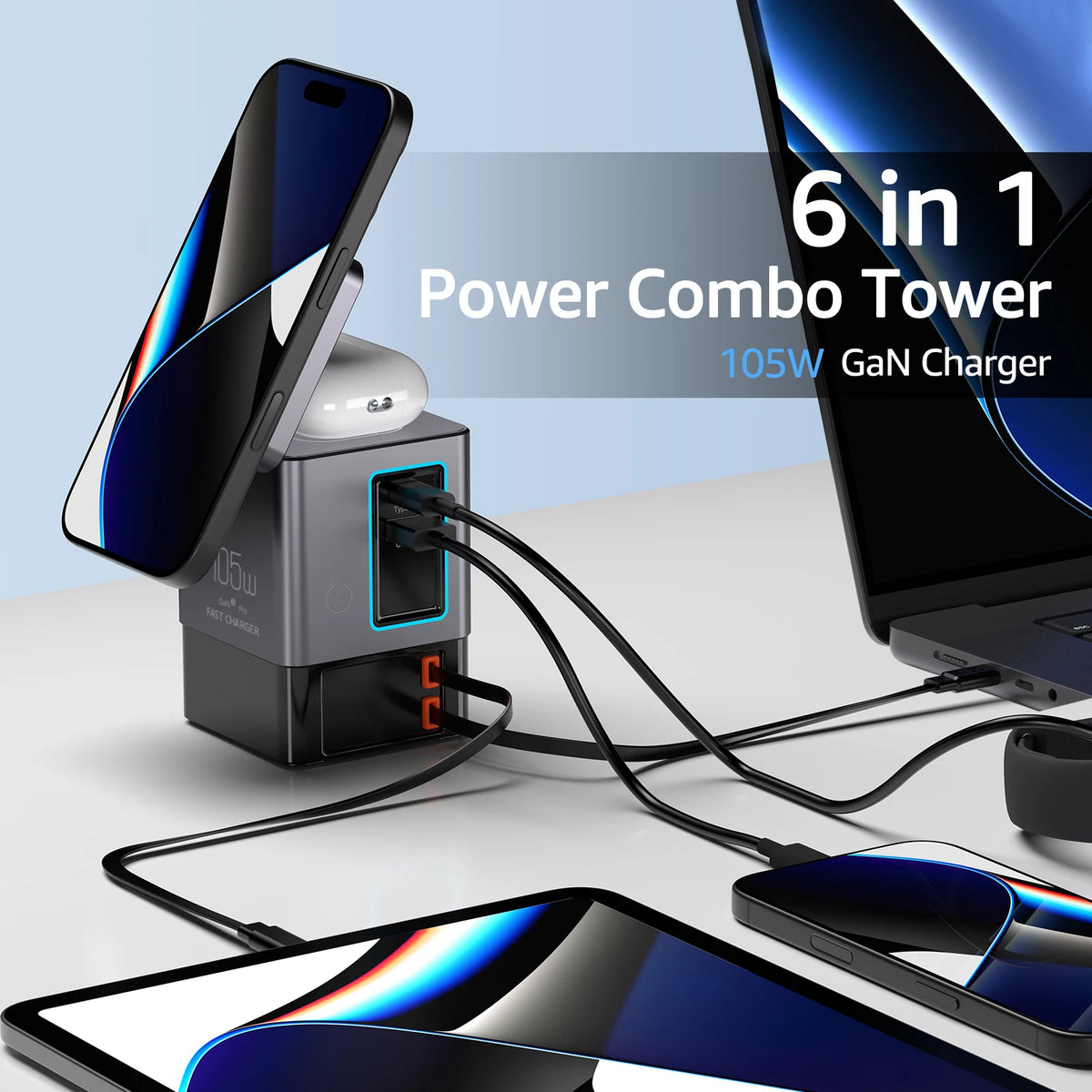 6-in-1 Charging Station with Retractable USB-C Cable Power Combo Tower 105W for Multiple Devices Fast Charger for iPhone Airpod