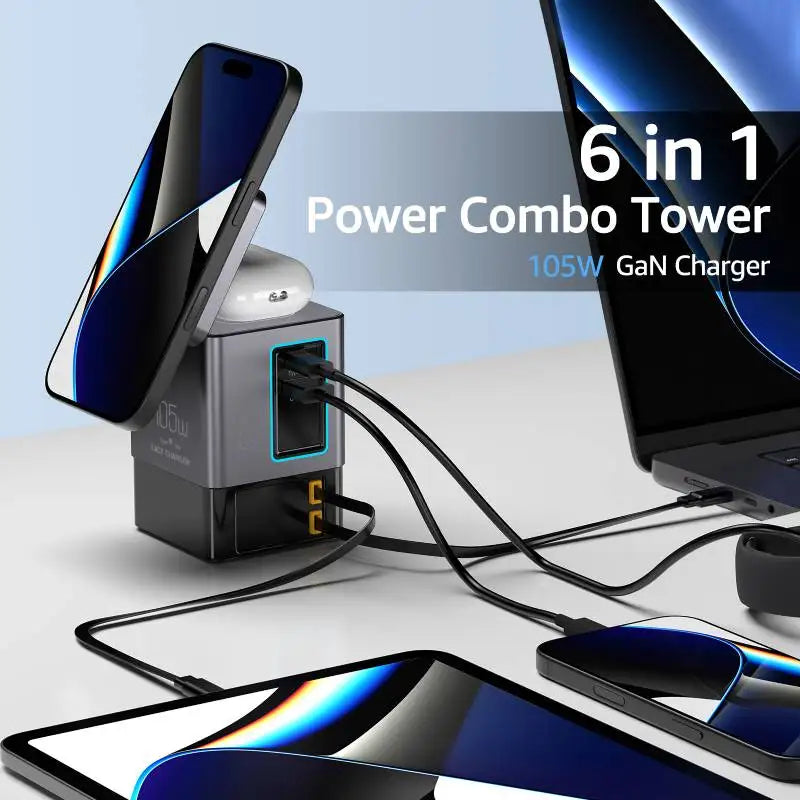 105W 6-in-1 Charging Station with Retractable USB-C Cable Power Combo Tower Multiple Devices Wireless Charging for iPhone Airpod