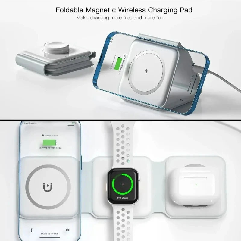 3 in1 Magnetic Foldable Wireless Charger Fast Charging Station Multi-Device Charging Dock for Smart Phones Earbuds Watch Charger