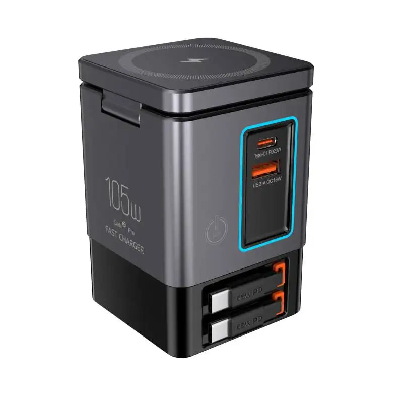 105W 6-in-1 Charging Station with Retractable USB-C Cable Power Combo Tower Multiple Devices Wireless Charging for iPhone Airpod