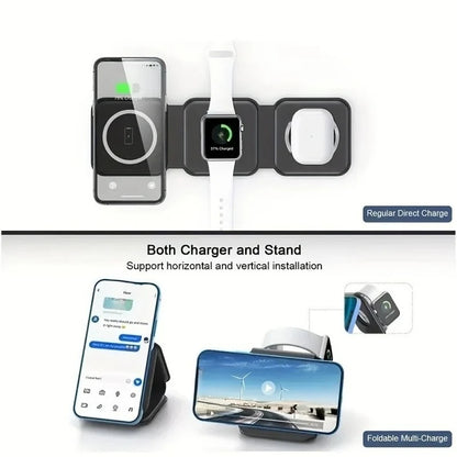 3 in1 Magnetic Foldable Wireless Charger Fast Charging Station Multi-Device Charging Dock for Smart Phones Earbuds Watch Charger