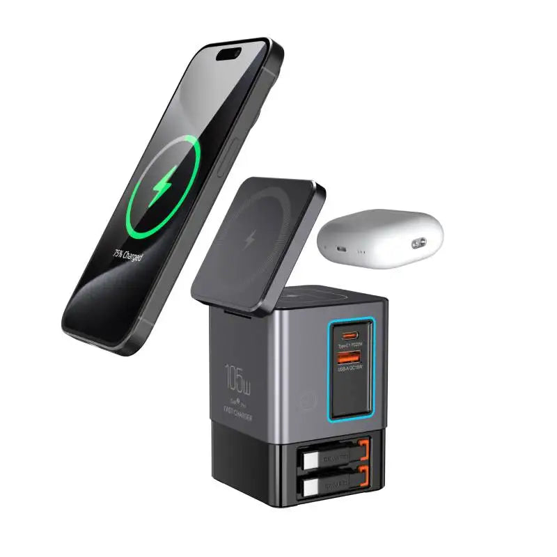105W 6-in-1 Charging Station with Retractable USB-C Cable Power Combo Tower Multiple Devices Wireless Charging for iPhone Airpod
