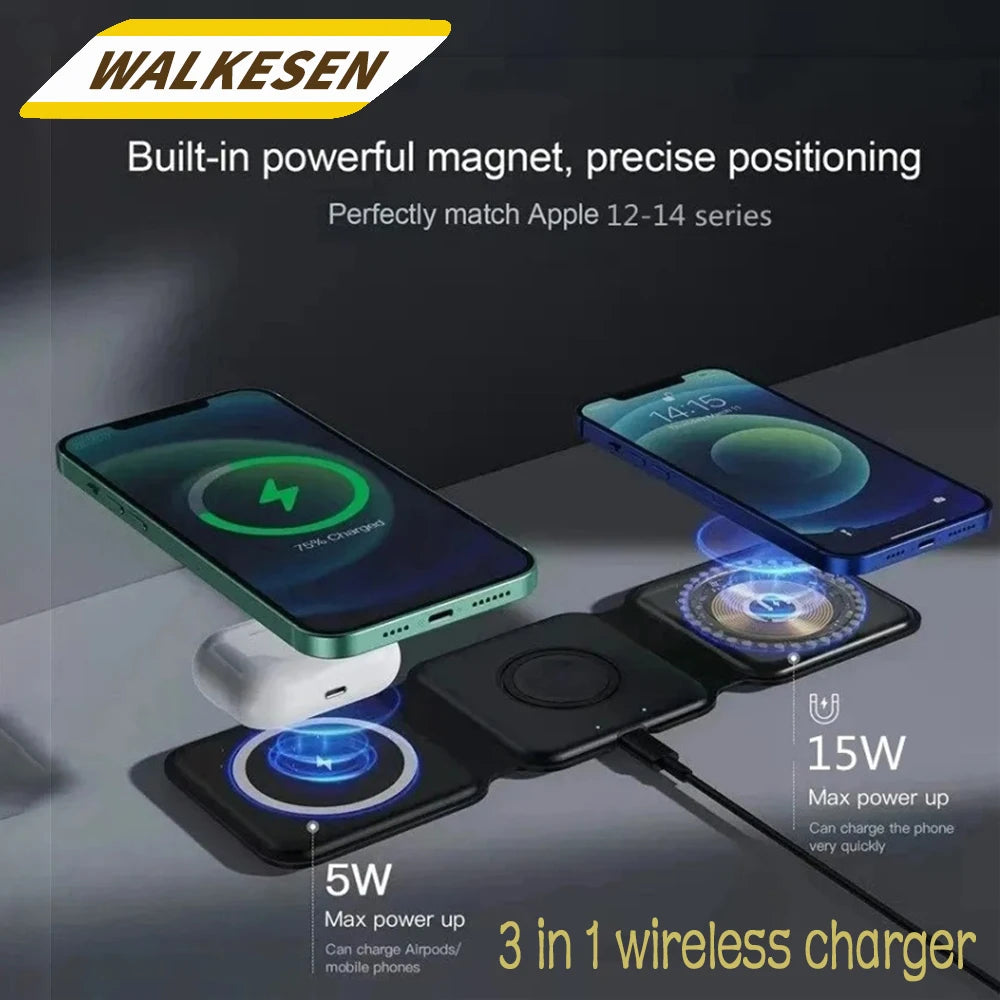 3 in1 Magnetic Foldable Wireless Charger Fast Charging Station Multi-Device Charging Dock for Smart Phones Earbuds Watch Charger