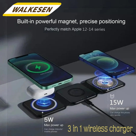 3 in1 Magnetic Foldable Wireless Charger Fast Charging Station Multi-Device Charging Dock for Smart Phones Earbuds Watch Charger