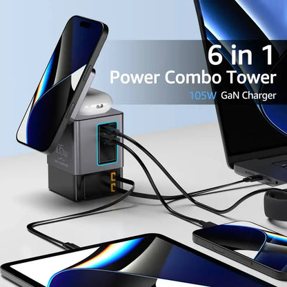 105W 6-in-1 Charging Station with Retractable USB-C Cable Power Combo Tower Multiple Devices Wireless Charging for iPhone Airpod